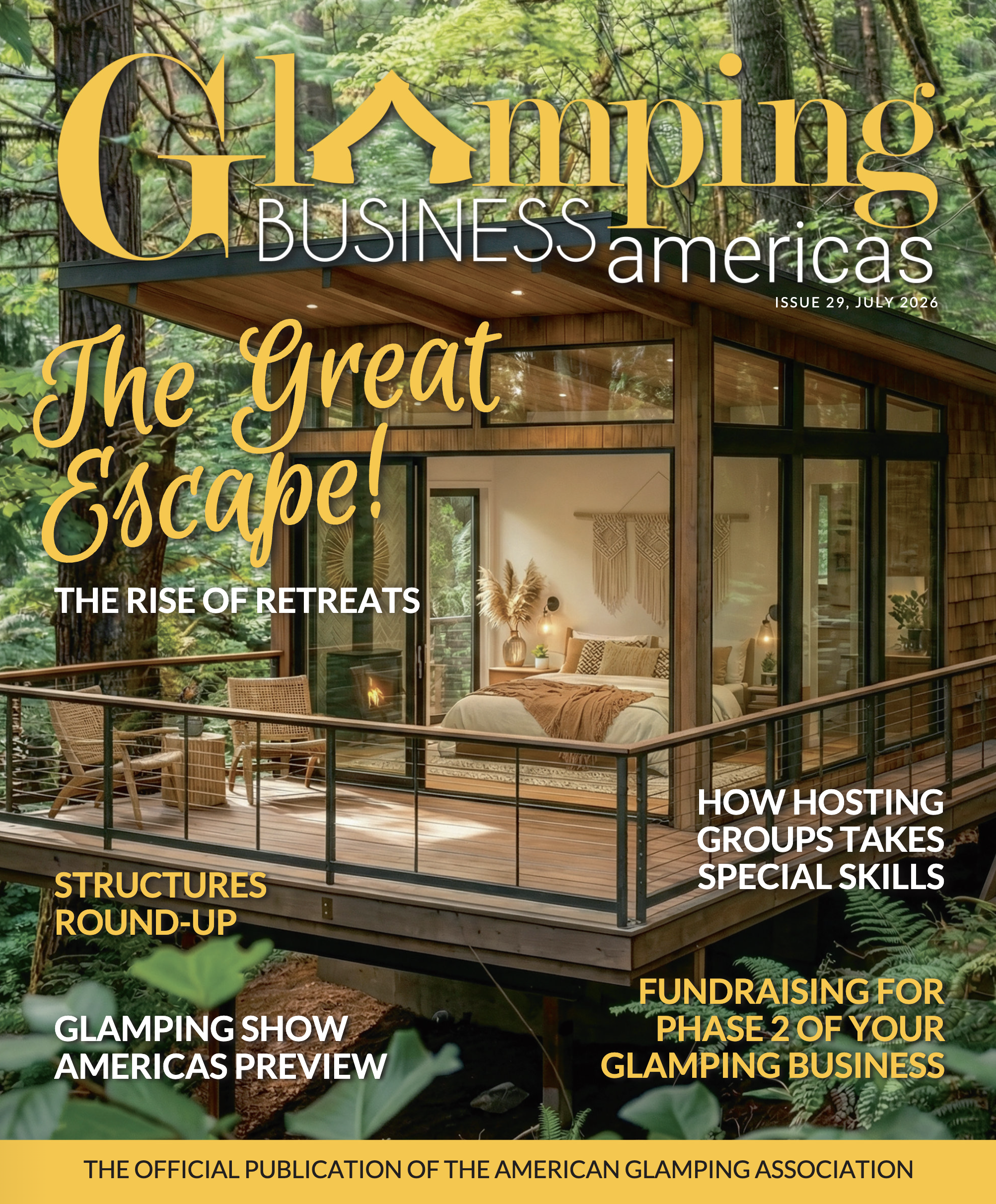 Cover of the July 2026 issue of Glamping Business Americas magazine